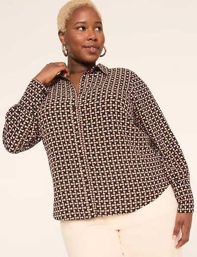 Long-Sleeve Collared Button-Down Blouse