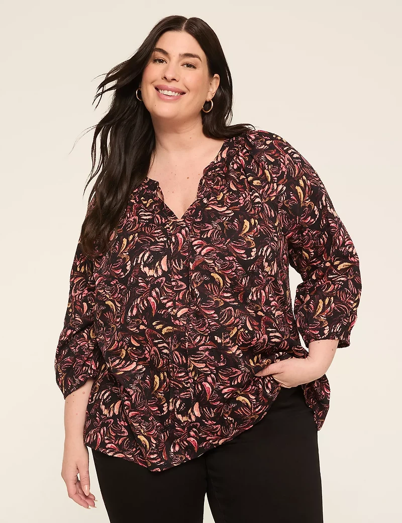 Swing 3/4-Sleeve Split-Neck Popover Blouse