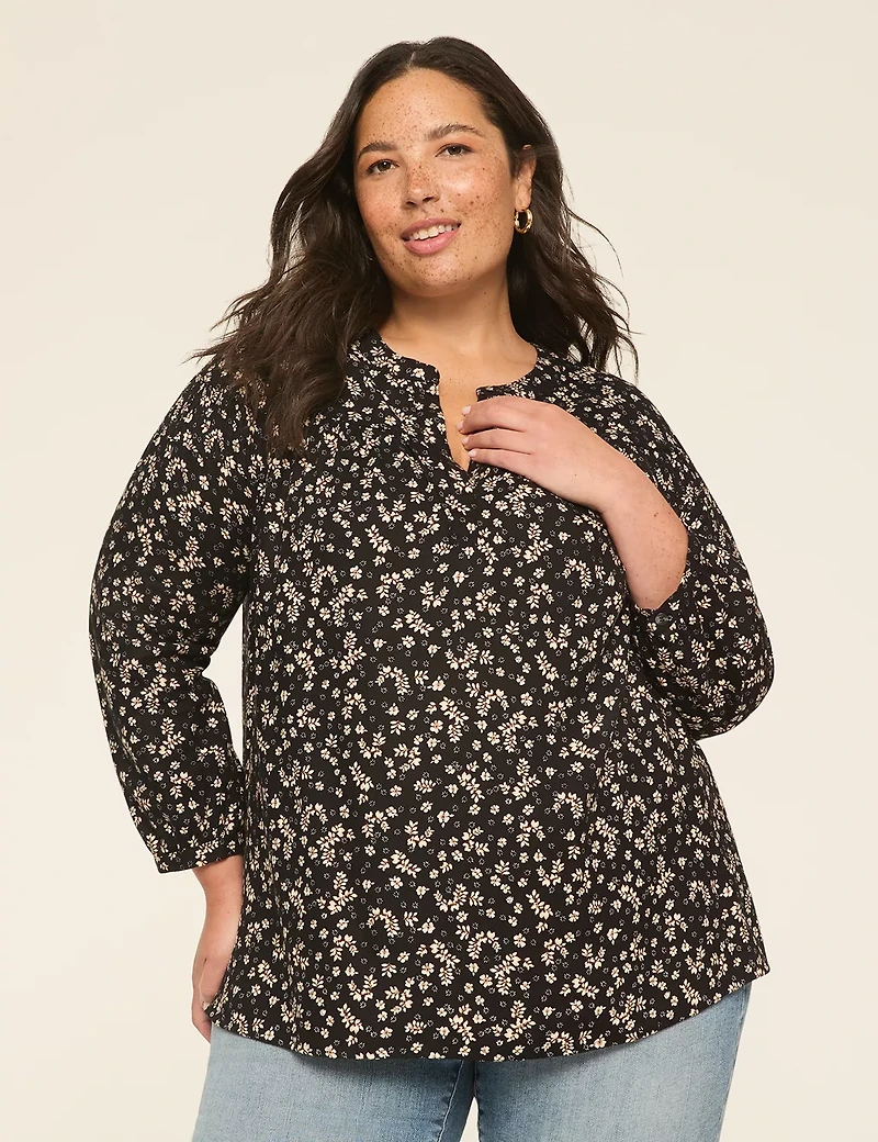 Bracelet-Sleeve Smocked-Shoulder Popover Blouse