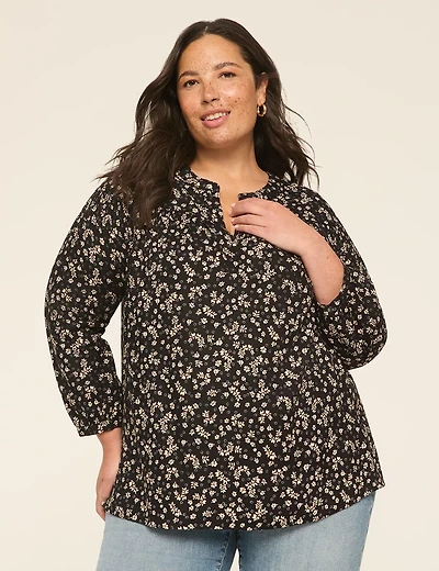 Bracelet-Sleeve Smocked-Shoulder Popover Blouse