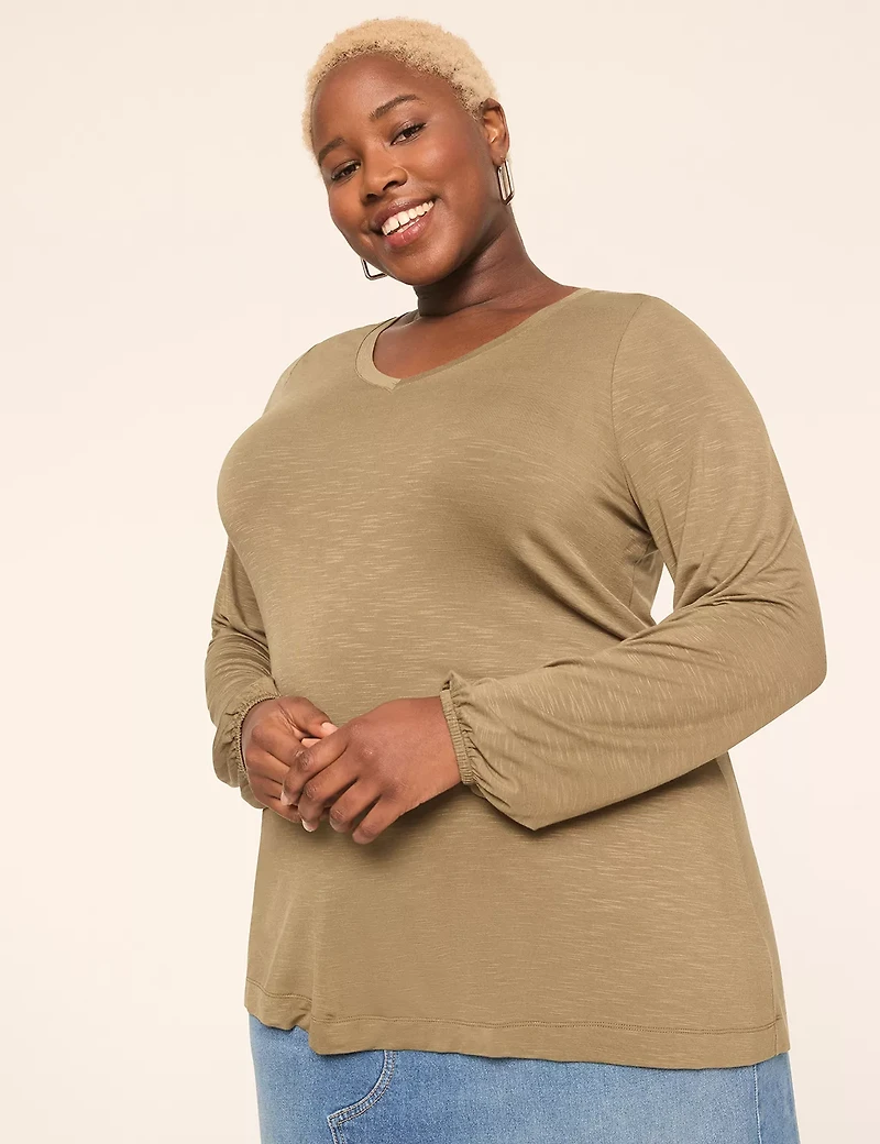 Blouson-Sleeve V-Neck Top