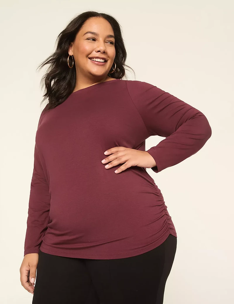 Boatneck Side-Ruched Long-Sleeve Top