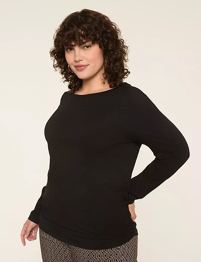 Boatneck Side-Ruched Long-Sleeve Top