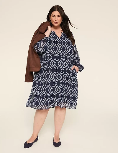 Long-Sleeve Split-Neck Dress