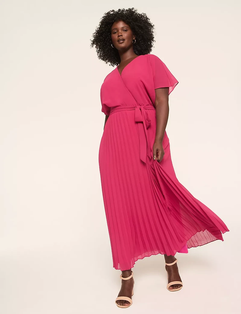 Pleated-Skirt Faux-Wrap Maxi Dress