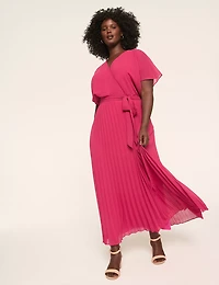 Pleated-Skirt Faux-Wrap Maxi Dress