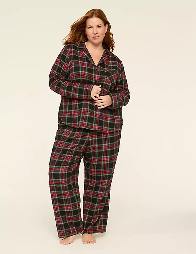 Lurex Flannel Long-Sleeve Notch-Neck Top & Pant PJ Set
