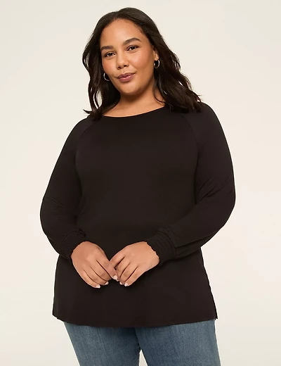 Smocked-Cuff Boatneck Hacci Top