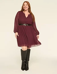 Textured Long-Sleeve Split-Neck Dress