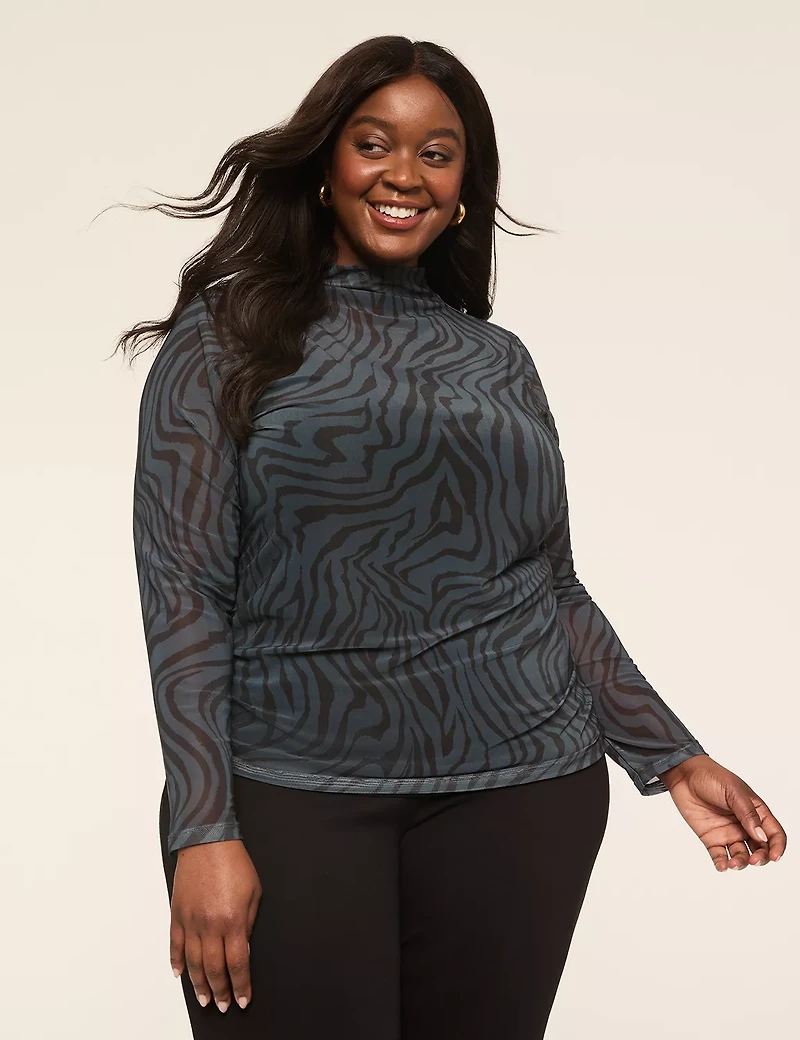 Mesh Mock-Neck Side-Ruched Top