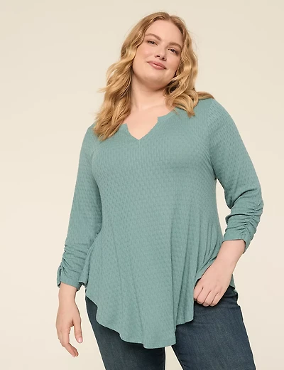 Swing Ruched 3/4-Sleeve Notch-Neck Top