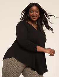 Swing Ruched 3/4-Sleeve Notch-Neck Top