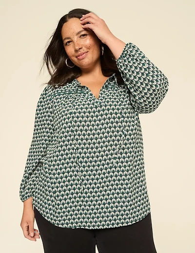 Bracelet-Sleeve Split-Neck Popover Blouse