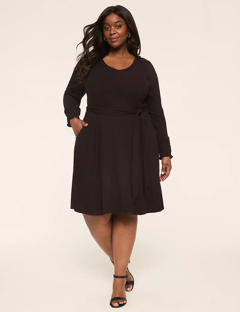 Long-Sleeve Smocked-Cuff Rib Dress