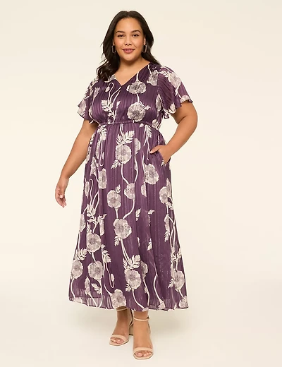 Lurex Flutter-Sleeve V-Neck Chiffon Maxi Dress