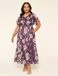 Lurex Flutter-Sleeve V-Neck Chiffon Maxi Dress