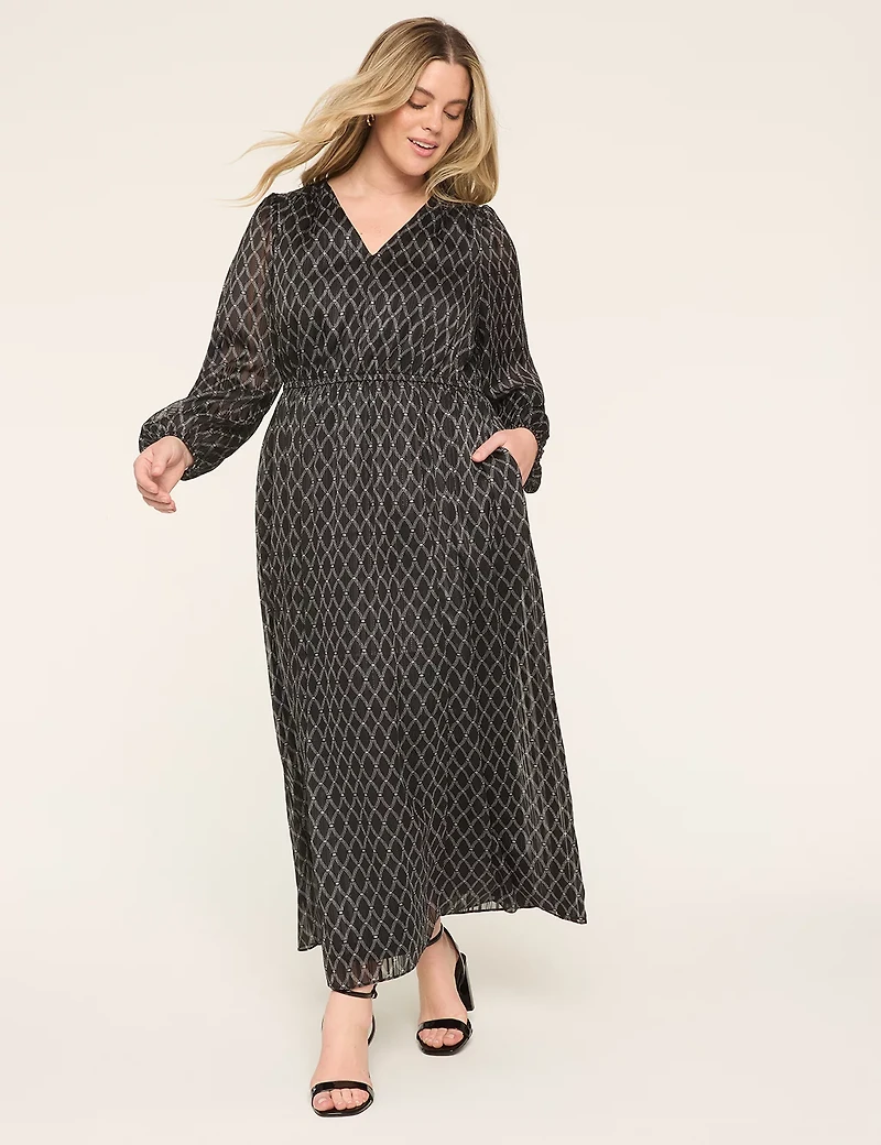 Lurex Long-Sleeve V-Neck Chiffon Maxi Dress
