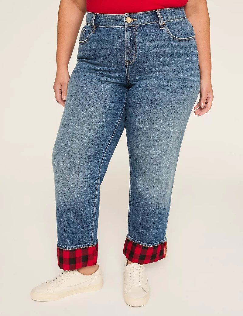 Boyfriend Fit Plaid-Cuff Jean