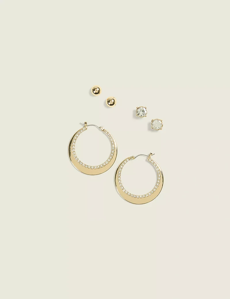 Goldtone & Pave Earring 3-Pack
