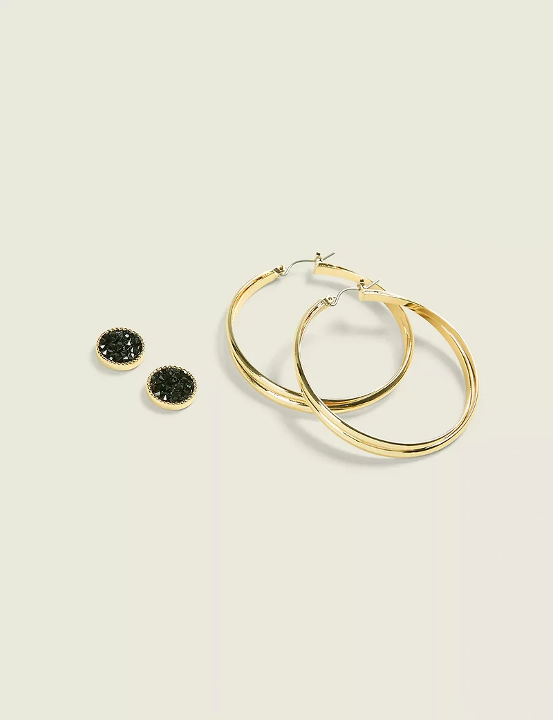 Goldtone Hoop & Black Druzy Earring Set