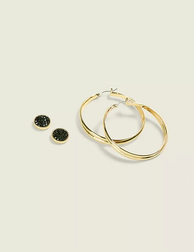 Goldtone Hoop & Black Druzy Earring Set