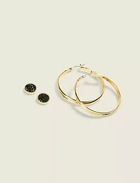 Goldtone Hoop & Black Druzy Earring Set