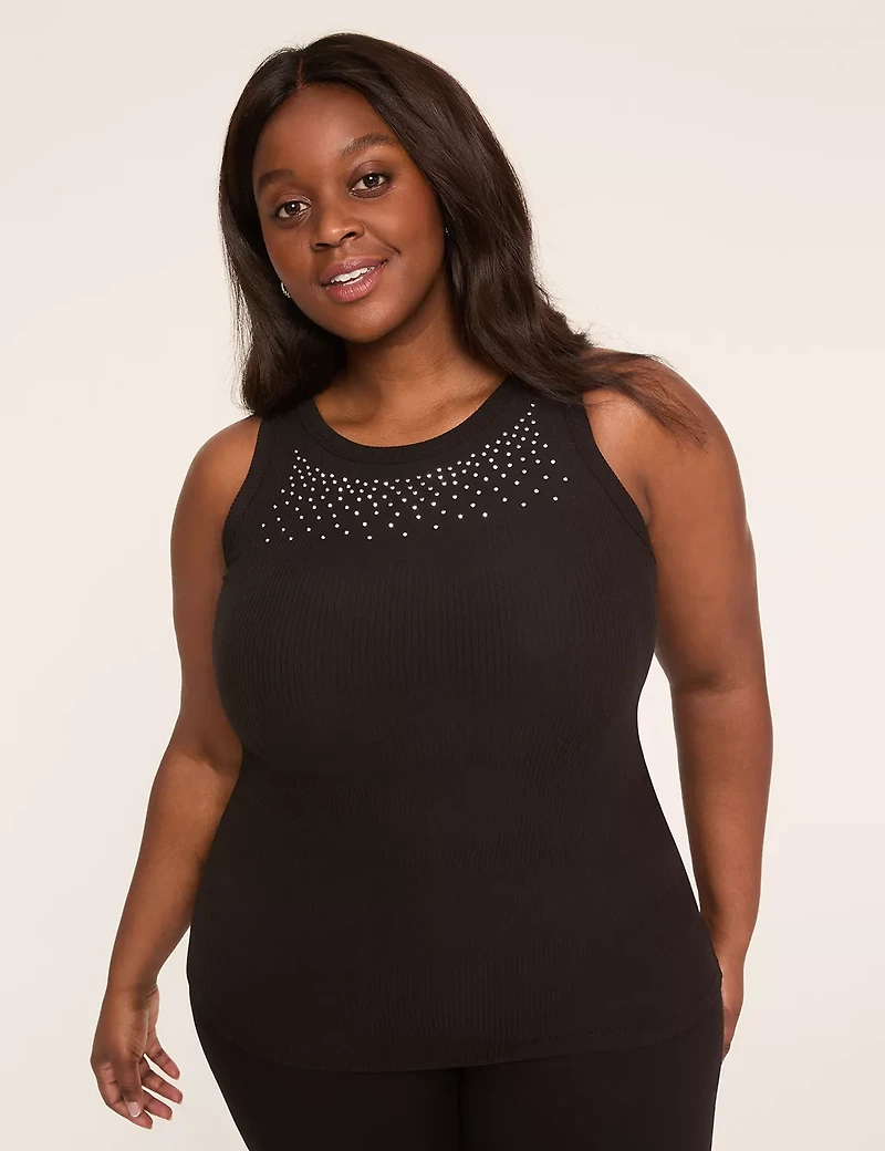 Embellished High-Neck Rib Tank