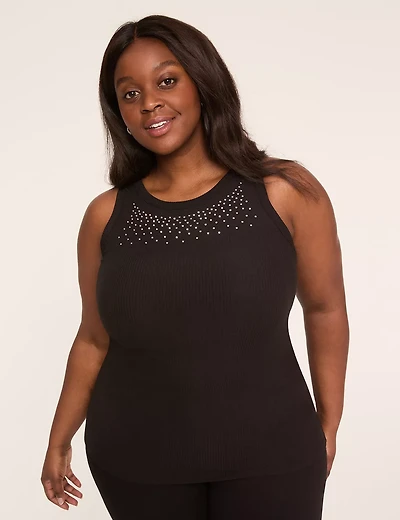 Embellished High-Neck Rib Tank