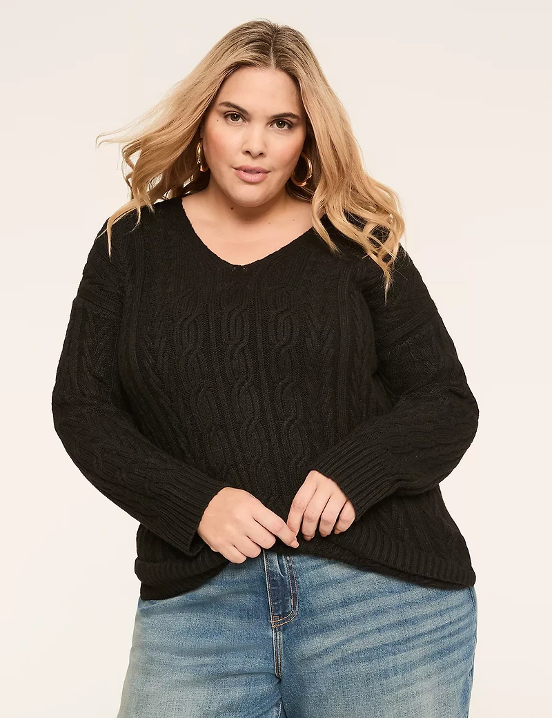V-Neck Cable Knit Pullover Sweater