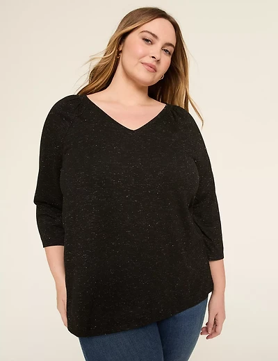 Sparkle Smocked-Shoulder Long-Sleeve Top