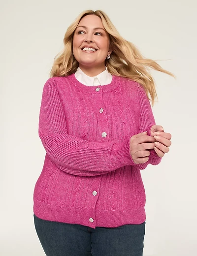 Bling Button-Front Sparkle Cable Knit Sweater