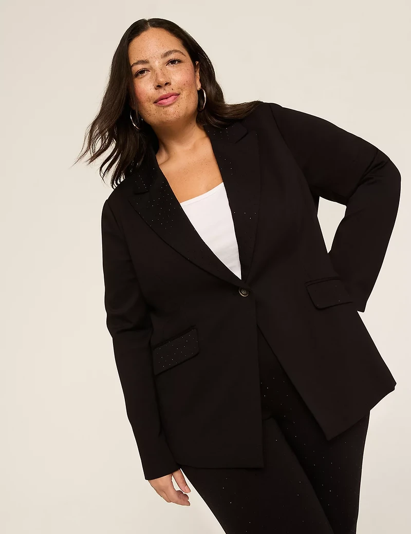 Ponte Rhinestone-Embellished One-Button Blazer