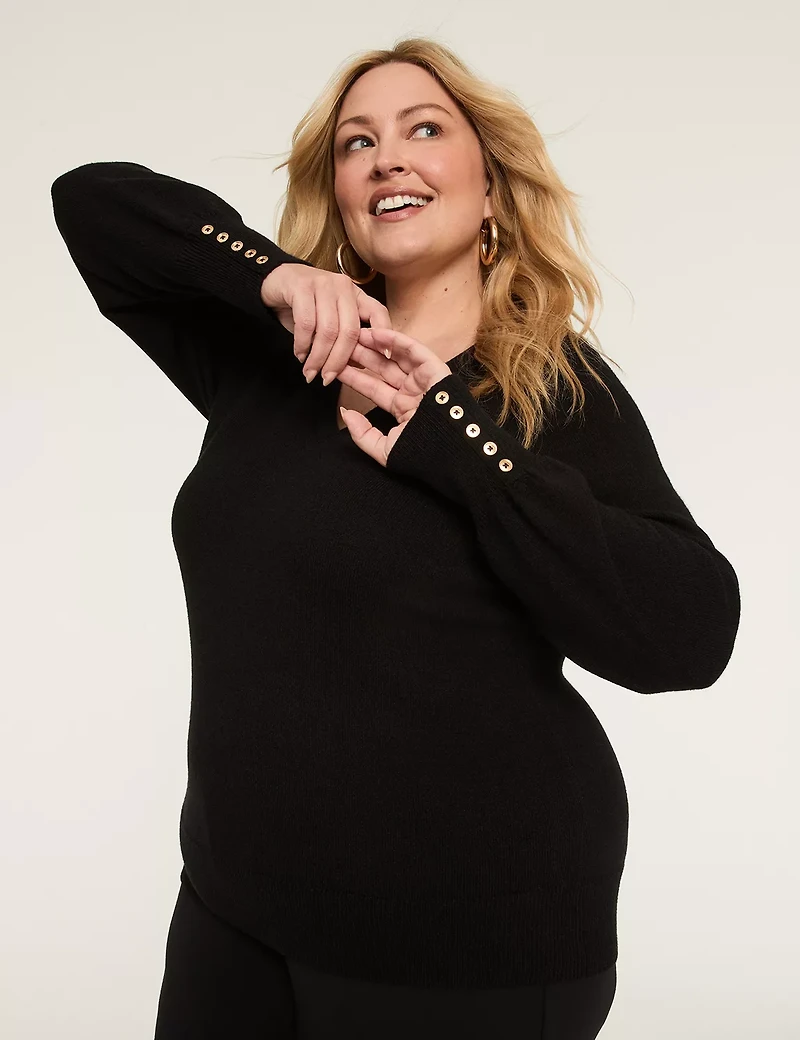 Button-Sleeve V-Neck Sweater