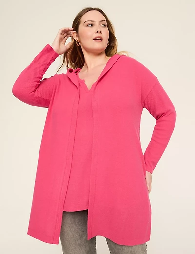 Ribbed-Detail Open-Front Hooded Overpiece