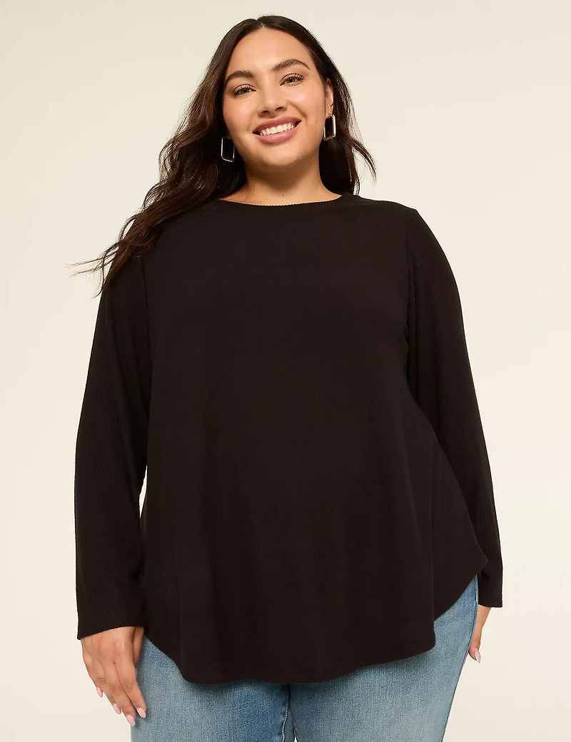 Rib-Sleeve Curved-Hem Top