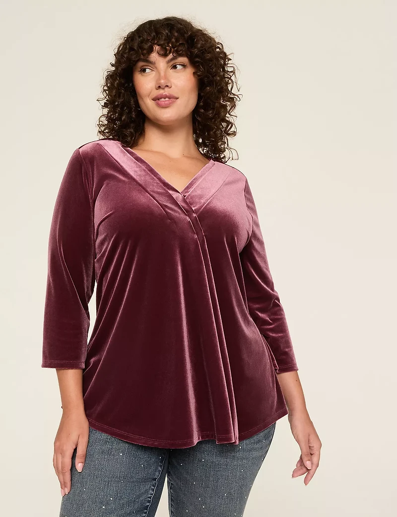 Velvet Swing 3/4-Sleeve Pleat-Front Top