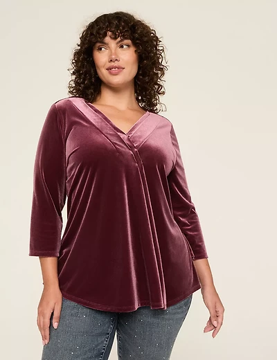 Velvet Swing 3/4-Sleeve Pleat-Front Top