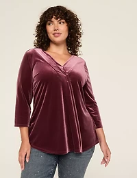 Velvet Swing 3/4-Sleeve Pleat-Front Top