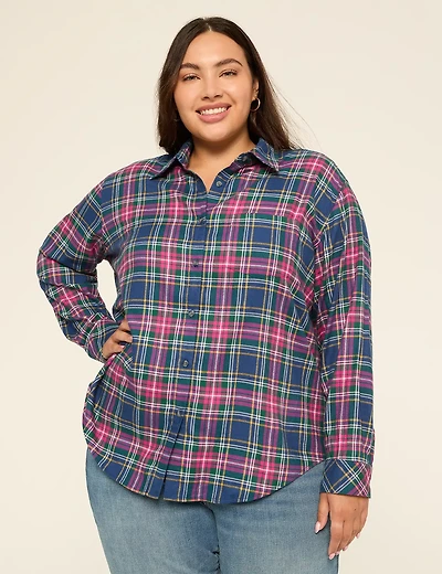 Metallic-Shimmer Button-Down Plaid Top