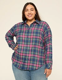 Metallic-Shimmer Button-Down Plaid Top