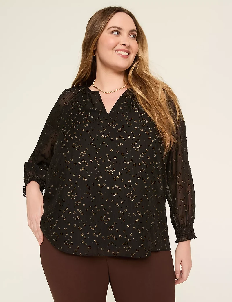 Swing Metallic Split-Neck Popover Blouse