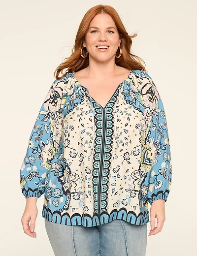 Swing Bracelet-Sleeve Tie-Neck Blouse