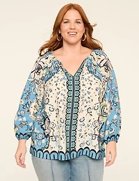 Swing Bracelet-Sleeve Tie-Neck Blouse