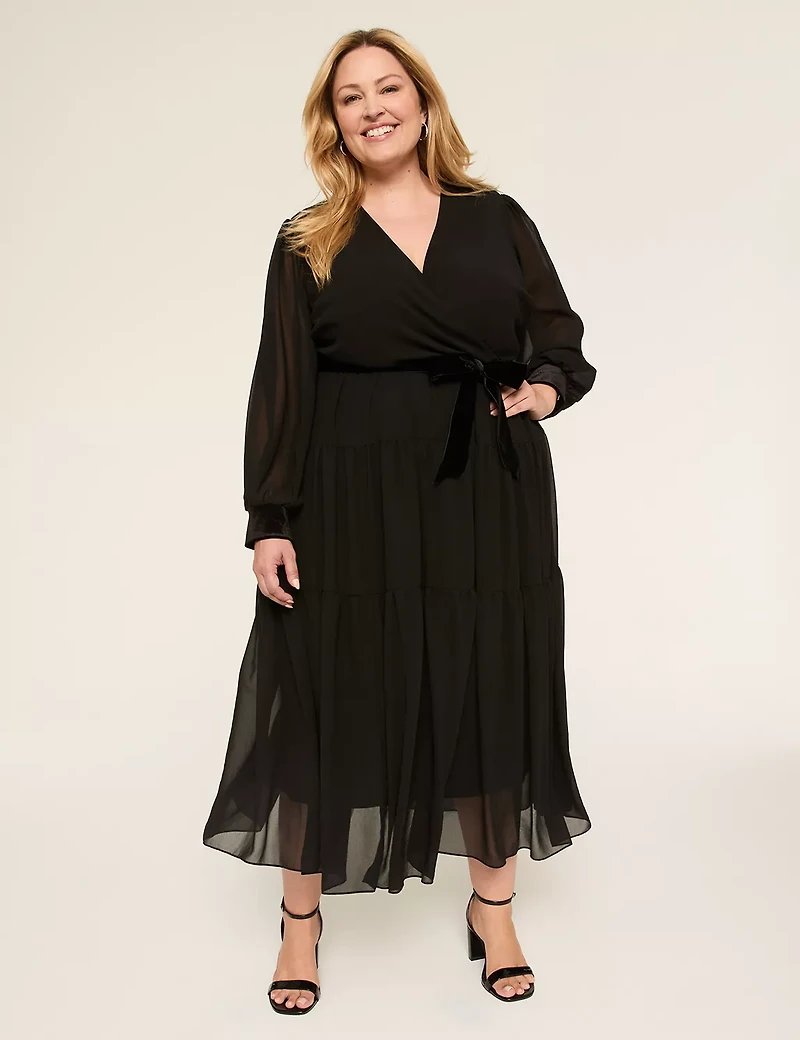 Velvet-Trim Faux-Wrap Maxi Dress