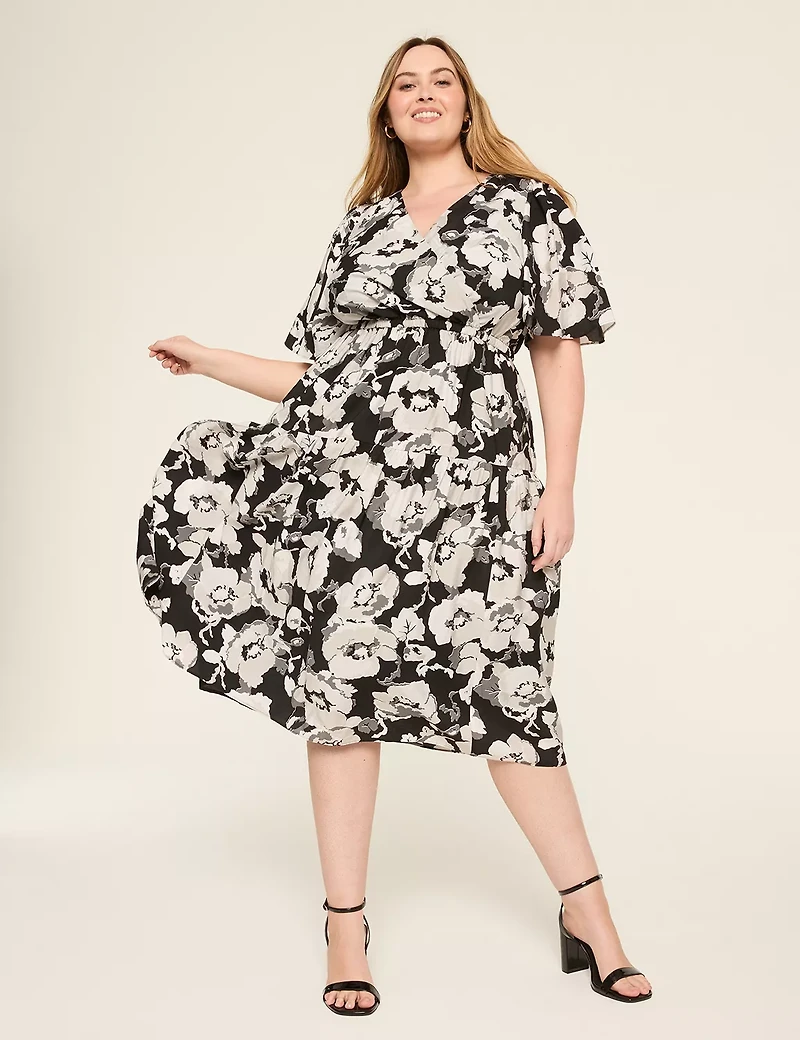 Surplice-Neck Elbow-Sleeve Midi Dress