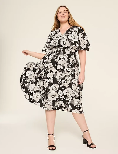 Surplice-Neck Elbow-Sleeve Midi Dress