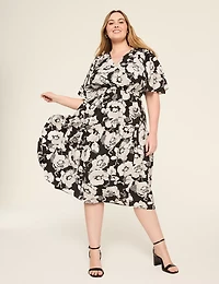 Surplice-Neck Elbow-Sleeve Midi Dress