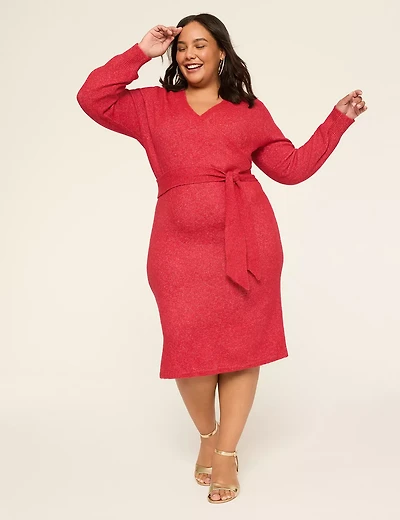 Faux-Wrap Long-Sleeve Midi Sweater Dress