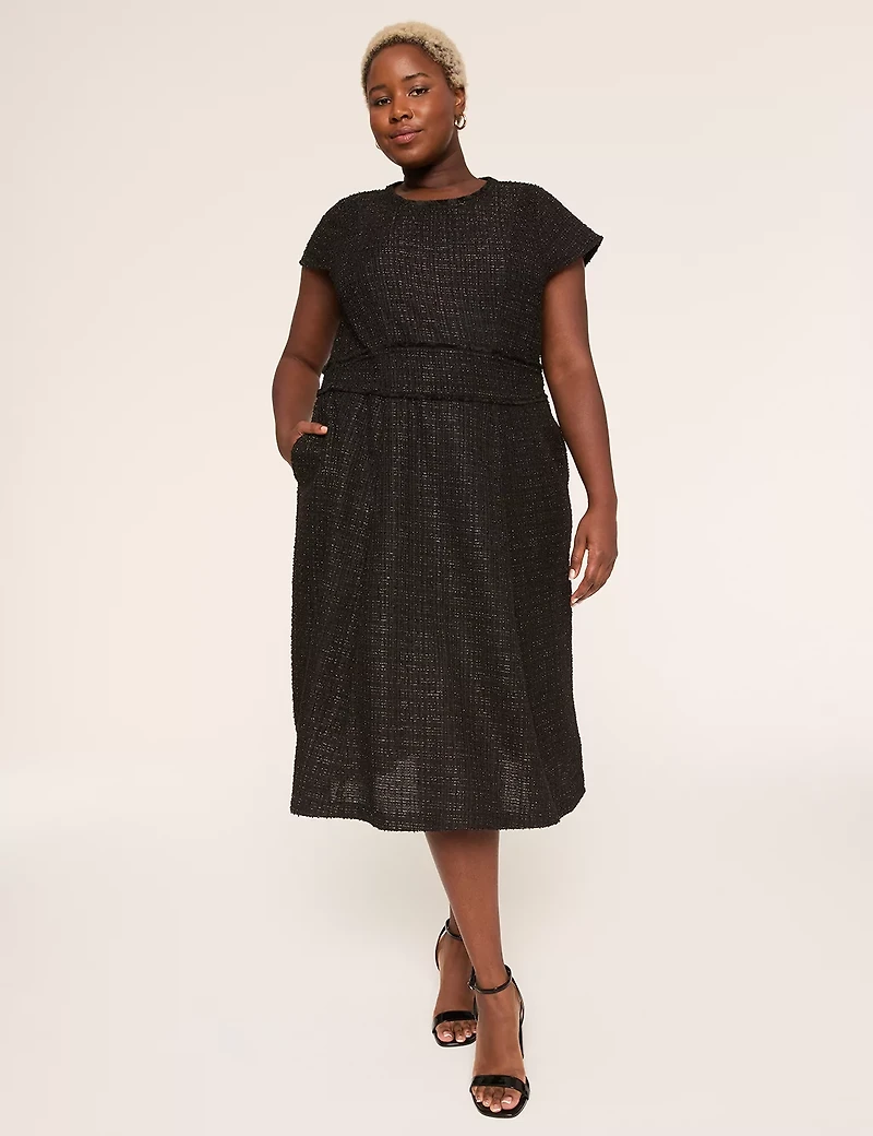 Cap-Sleeve Trim-Detail Metallic Tweed Midi Dress