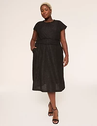 Cap-Sleeve Trim-Detail Metallic Tweed Midi Dress